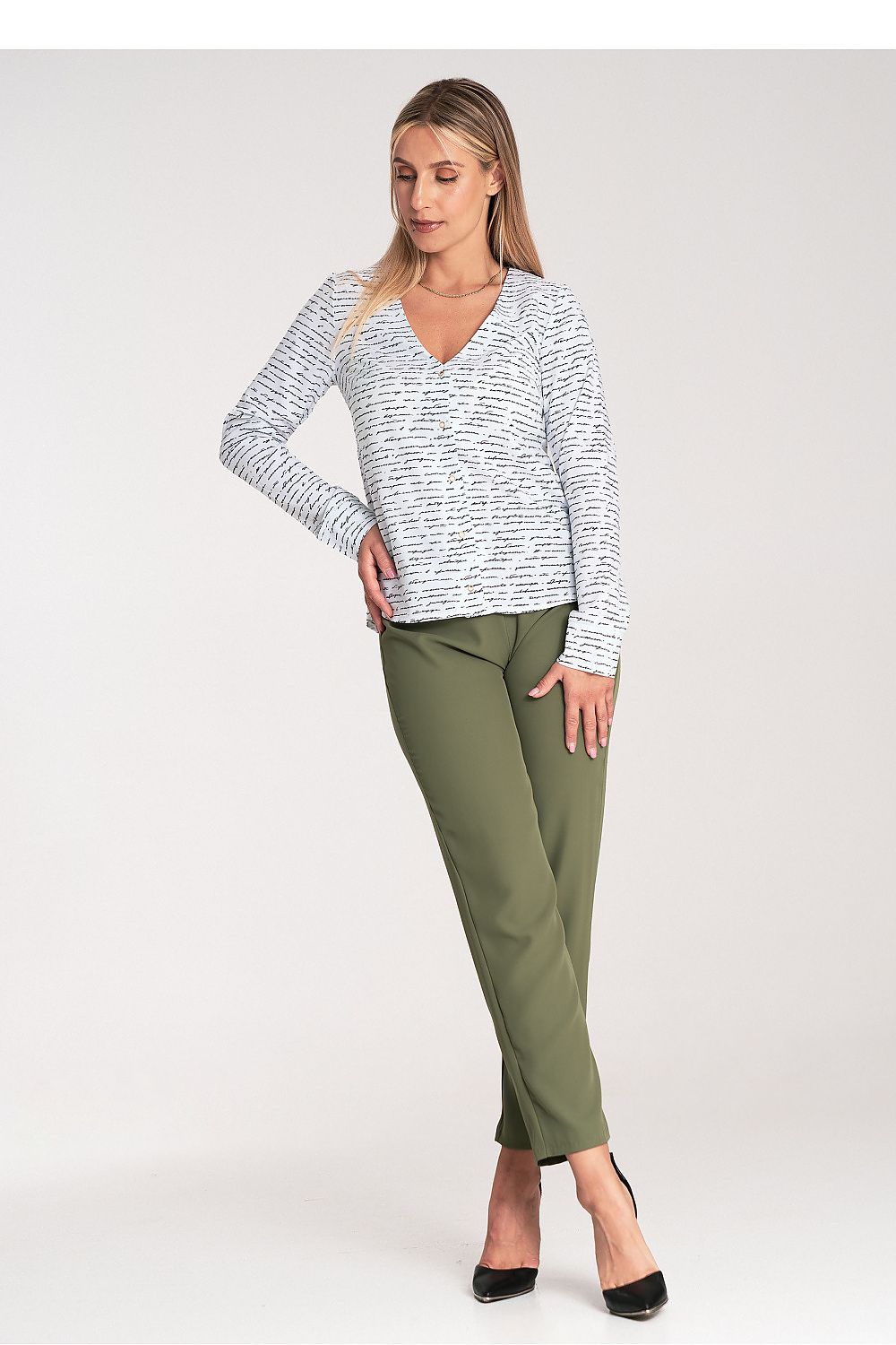 Luxury Figl long sleeve fitted shirt featuring a stylish heart neckline and elegant press stud fastening, perfect for sophisticated occasions.