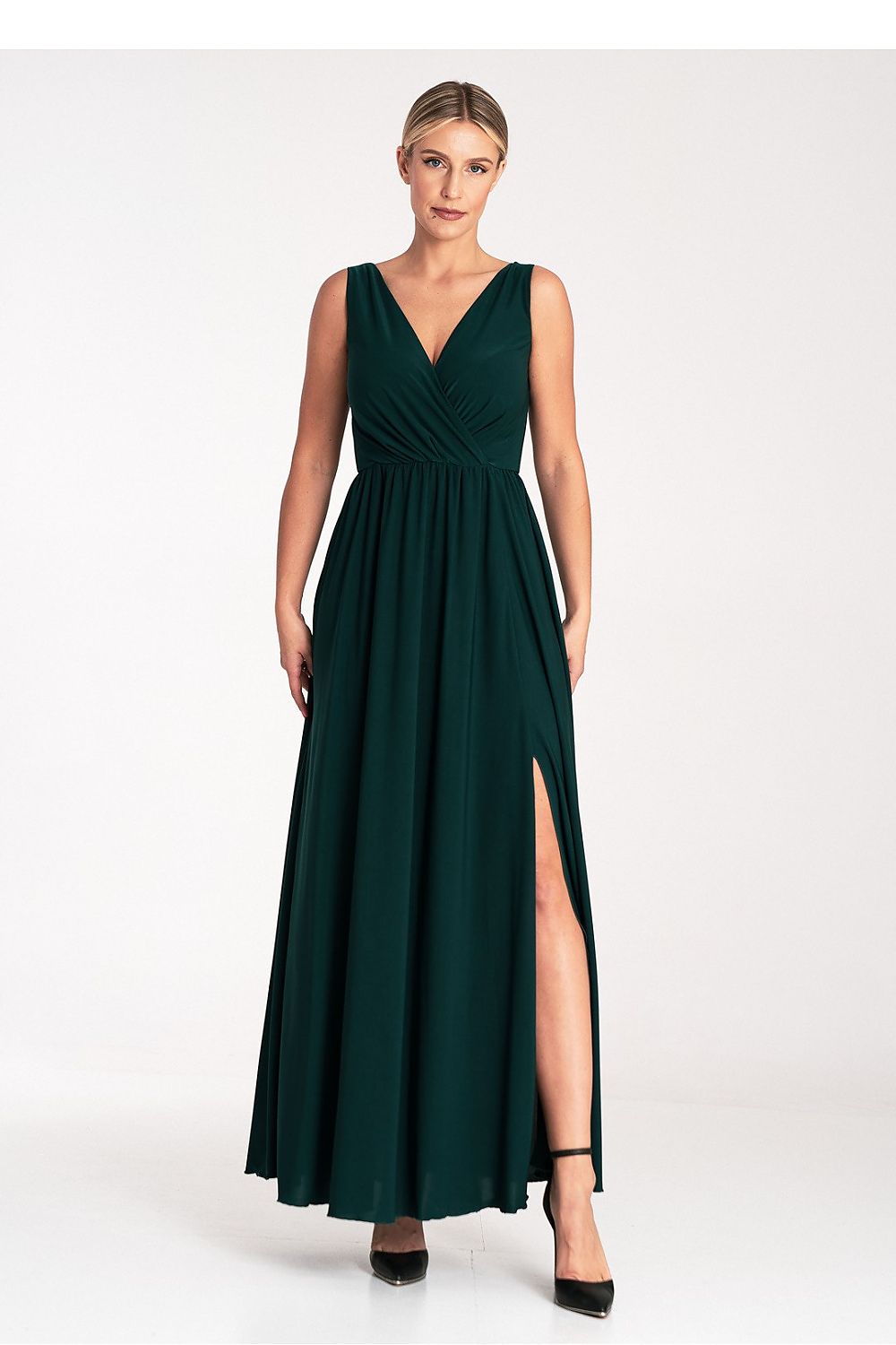 Elegant V-Neck Front Slit Maxi Dress by Figl in a luxurious polyester blend, perfect for special occasions and available in sizes S to XL.