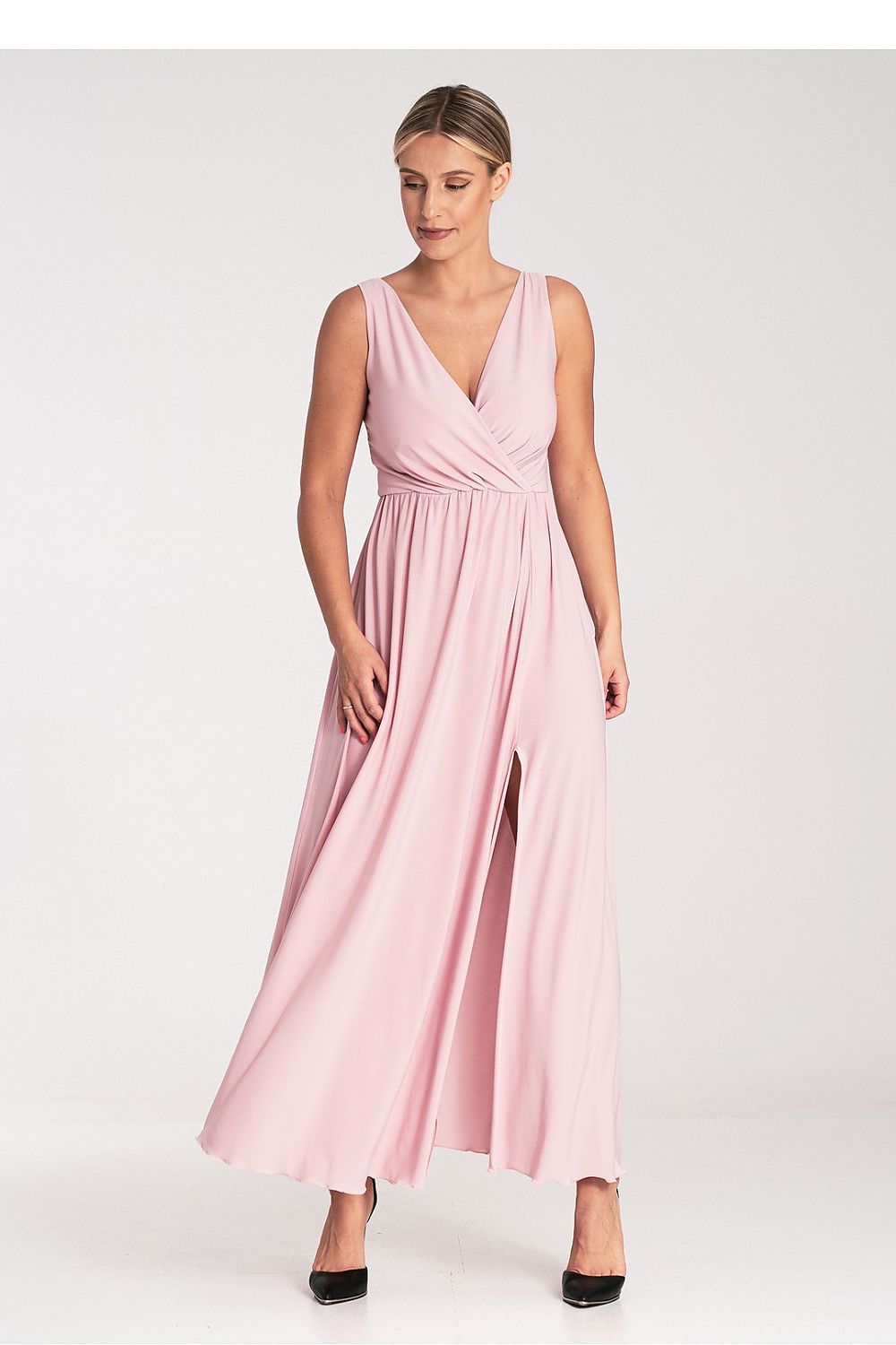 Elegant long maxi dress by Figl featuring a sophisticated V neckline and daring front slit, perfect for stylish occasions and designed to enhance your silhouette.