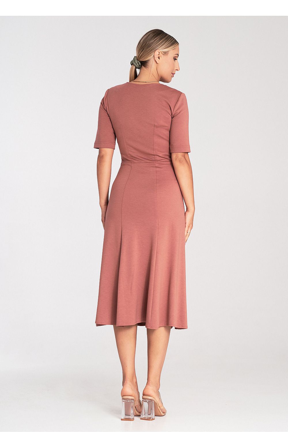 Versatile and fashionable Midi Dress by Figl, featuring a V neckline and 3/4 sleeves, suitable for a range of occasions.