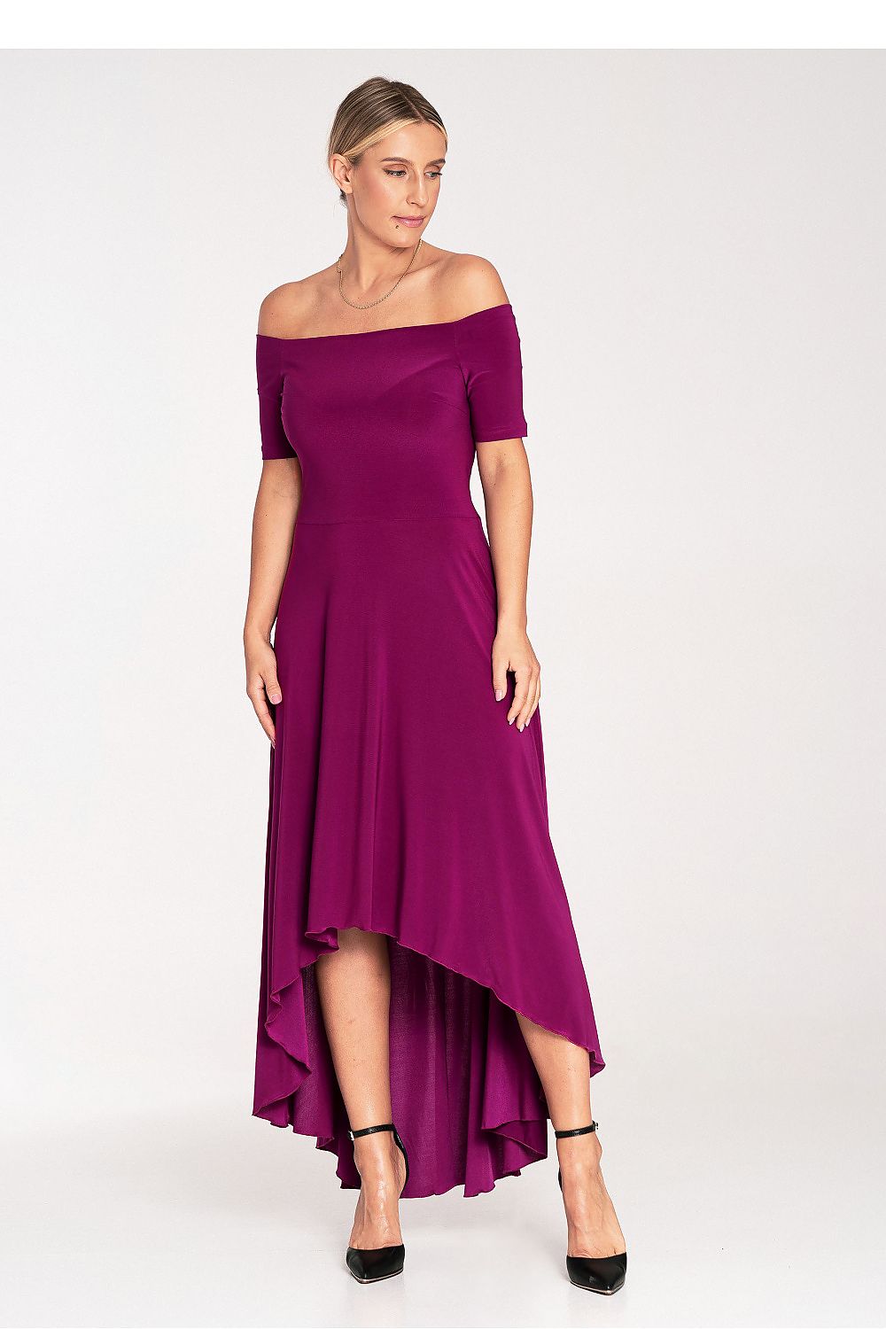 Elegant Asymmetrical Evening Dress by Figl featuring a flared hem and a luxurious zip back closure, showcased in a sophisticated setting.
