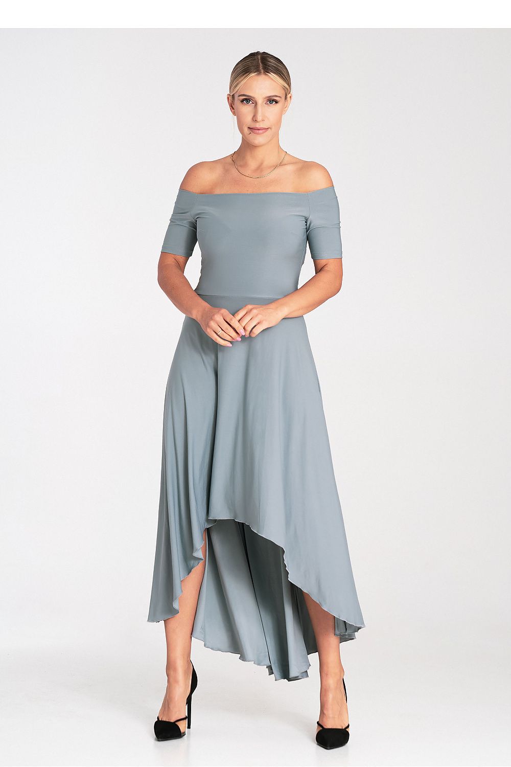 Model gracefully wearing the Figl Elegant Asymmetrical Evening Dress, highlighting its unique silhouette with a maxi length at the back and knee-length at the front.