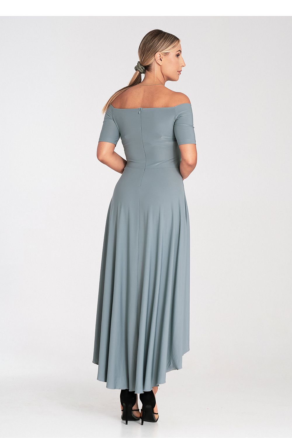 Sophisticated asymmetrical evening dress by Figl featuring a flared hem and elegant zip back closure.