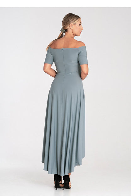 Sophisticated asymmetrical evening dress by Figl featuring a flared hem and elegant zip back closure.