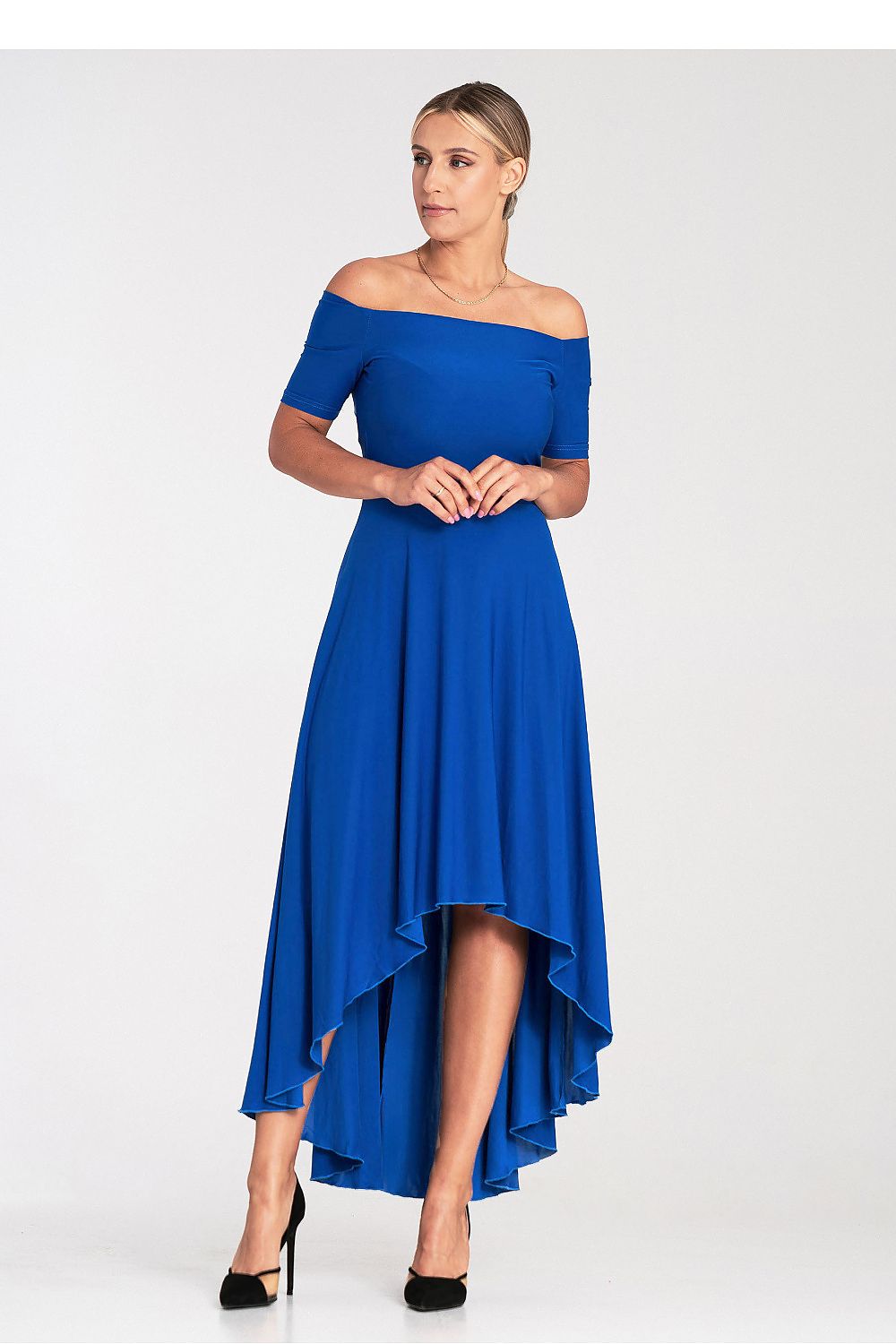 Elegant asymmetrical evening dress by Figl showcasing a luxurious flared hem and sophisticated zip back closure.