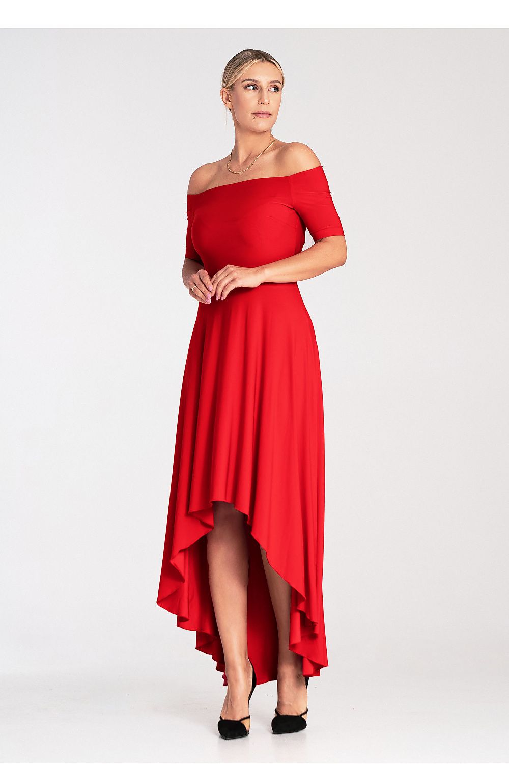 Front view of the luxurious asymmetrical evening dress by Figl, highlighting its knee-length design and flared bottom.