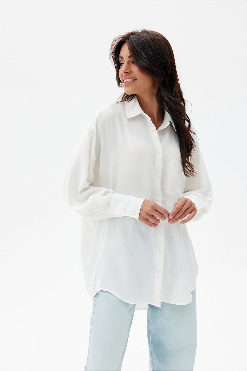 Asymmetrical Oversized Long Sleeve Women's Shirt with Classic Collar by Roco Fashion, showcasing elegant design and relaxed fit.
