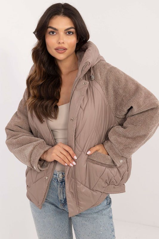 Luxurious women's casual jacket by MBM, featuring elegant corduroy sleeves and a stylish hood, perfect for autumn-winter outings.