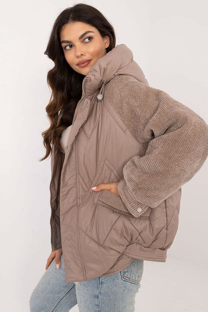 Stylish women's casual jacket by MBM featuring striking corduroy sleeves and a hood, perfect for autumn-winter fashion.