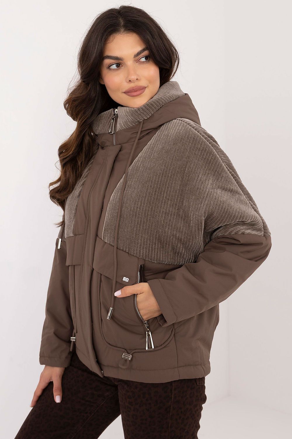 Chic women's transitional jacket by MBM, designed for comfort in transitional seasons with a standard length and functional hood.