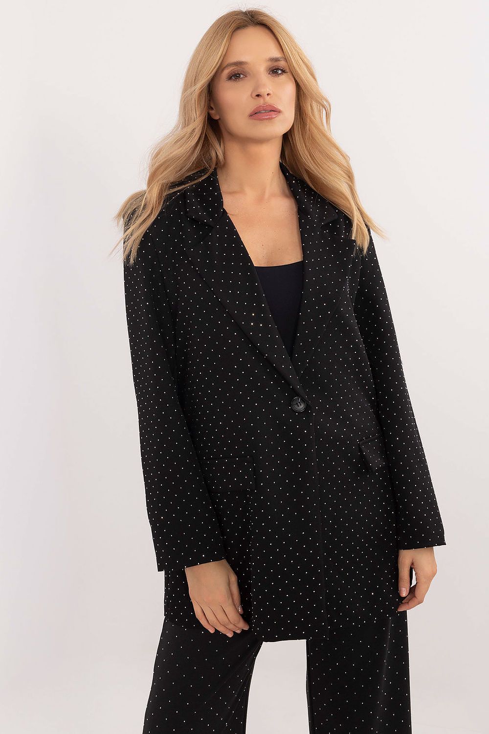 Luxurious Elegant Women's Blazer by Italy Moda adorned with sparkling rhinestones, perfect for formal events.