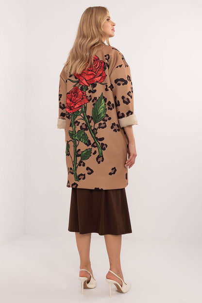 Full view of Italy Moda's elegant women's transitional coat featuring a beautiful rose pattern and delicate rhinestones, crafted for comfort and style.