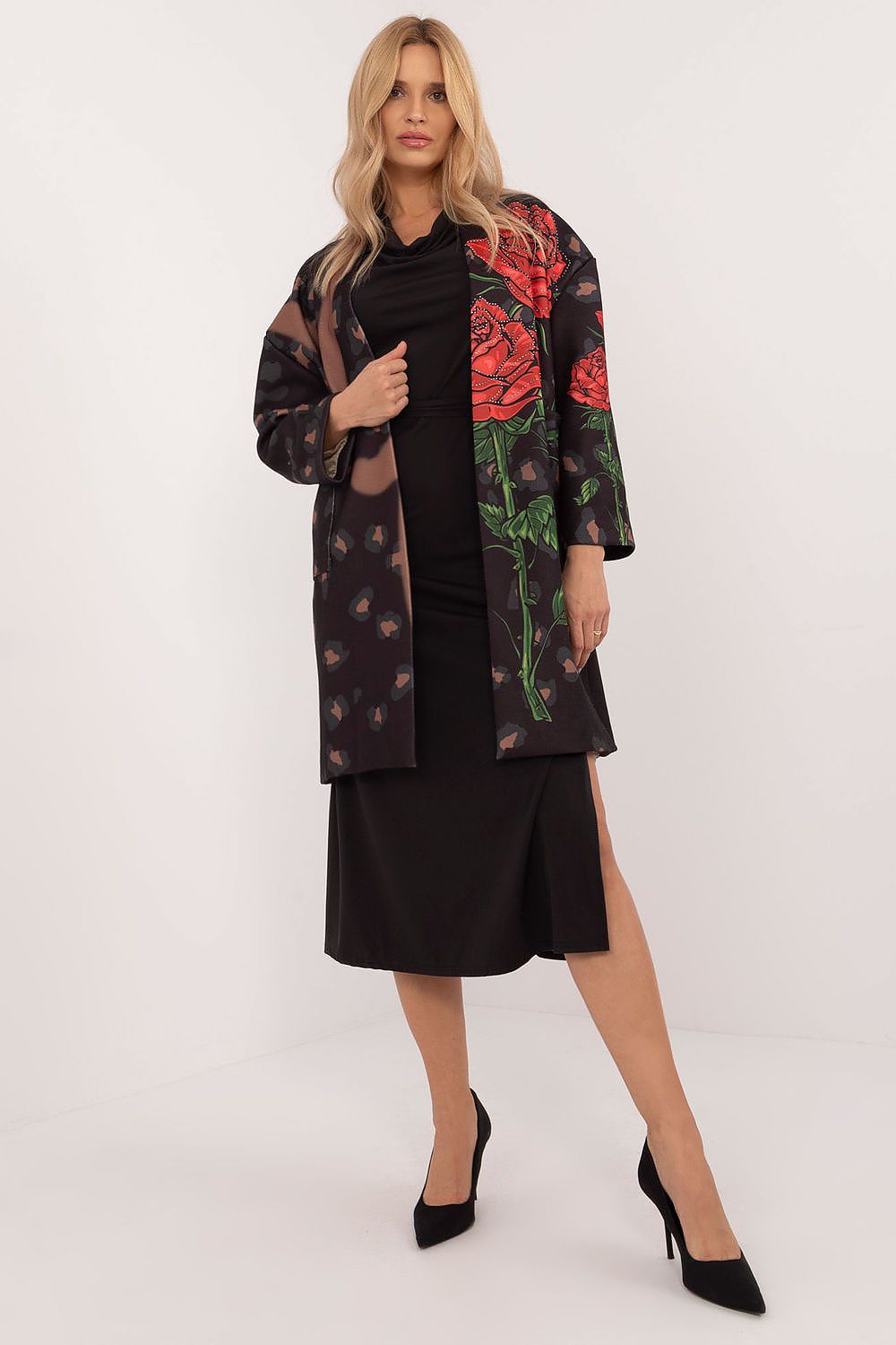 Back view of Italy Moda's sophisticated unbuttoned women's coat with long sleeves, designed with a striking rose print for a fashionable look.