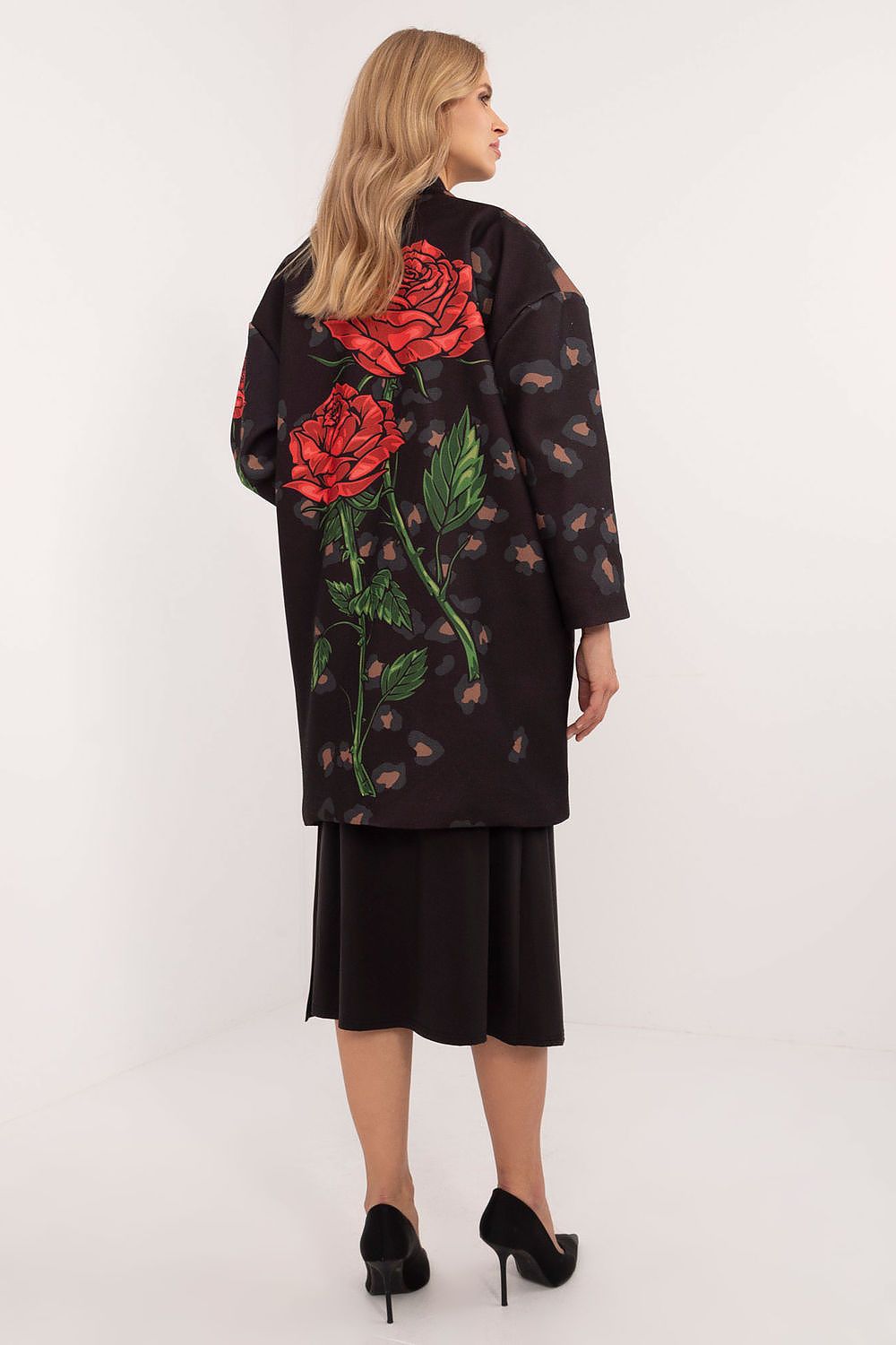 Elegant Women's unbuttoned transitional coat by Italy Moda featuring a stunning rose print and delicate rhinestone accents, perfect for autumn and spring outings.