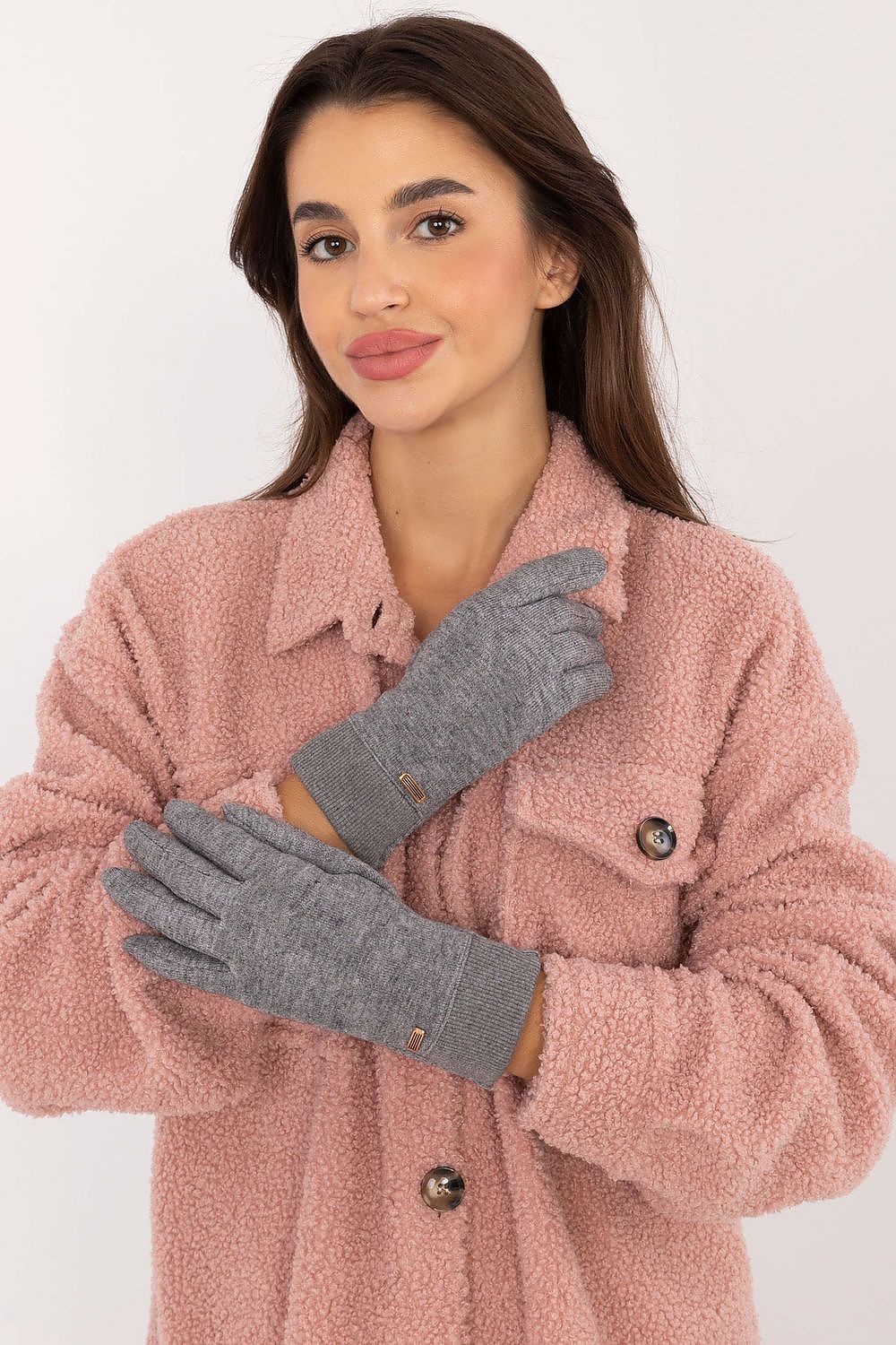 Luxurious ribbed fingerless gloves with flower embellishment by AT, ideal accessory for winter and smartphone use.