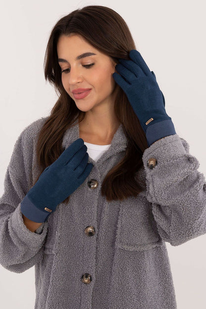 Sleek and stylish ribbed fingerless gloves, embellished with a delicate flower detail, ideal for cold weather and smartphone use, by AT.