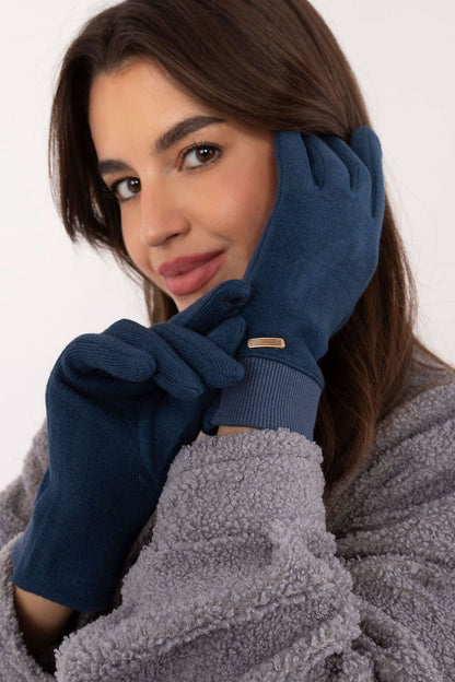 Chic and warm ribbed fingerless gloves with a sophisticated flower print on the index finger, from luxury brand AT, designed for fashionable winter use.
