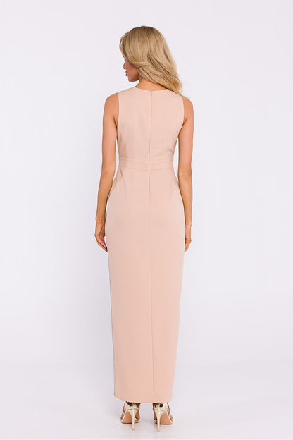 High slit detail of the elegant maxi dress by Moe, emphasizing its contemporary metallic finish and stylish design.