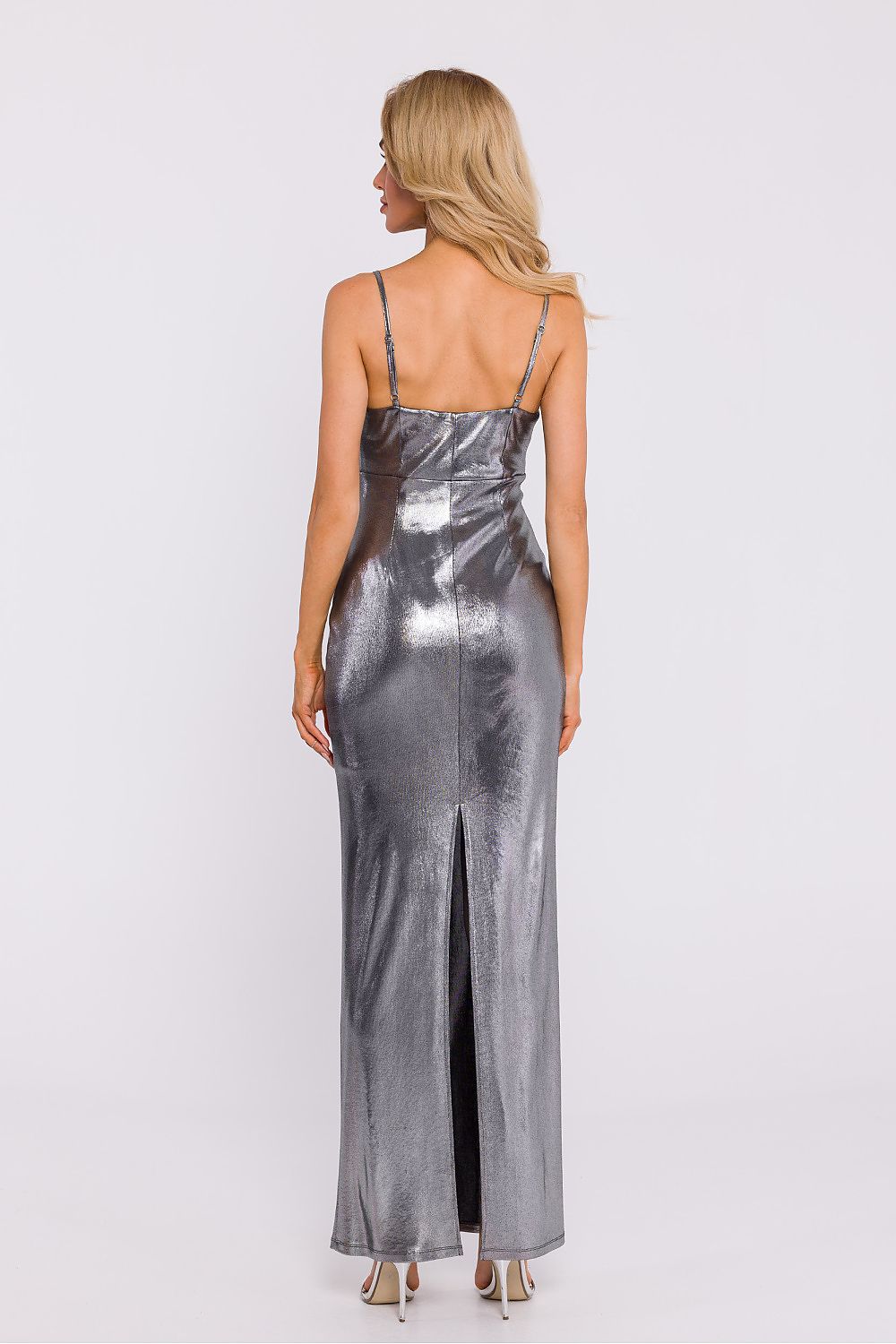 Back view of Moe's elegant maxi dress highlighting the high slit design, ideal for special occasions.