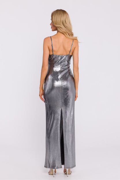 Back view of Moe's elegant maxi dress highlighting the high slit design, ideal for special occasions.