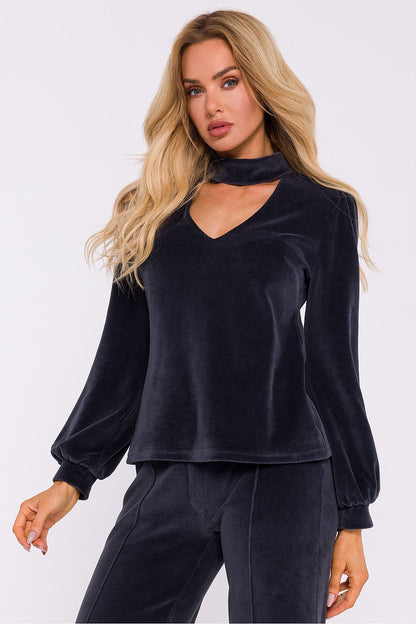 Sophisticated velour knit top by Moe, highlighting delicate button fastening at the back and comfort-driven design.