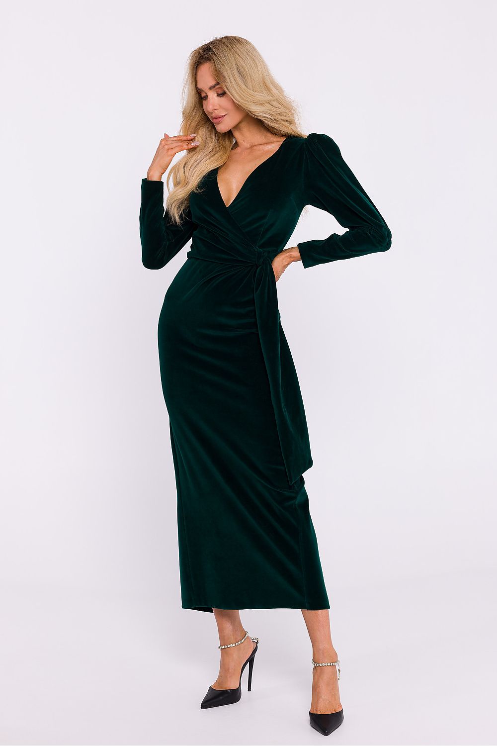 Elegant Velour Knit Long Dress with Envelope Top and High Slit by Moe, showcasing luxurious fabric draping for a flattering silhouette at formal occasions.