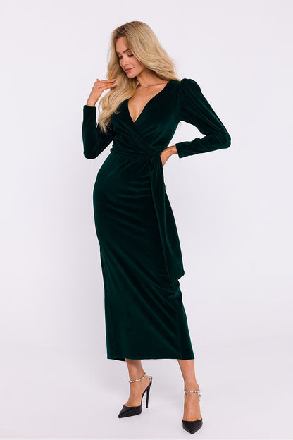 Elegant Velour Knit Long Dress with Envelope Top and High Slit by Moe, showcasing luxurious fabric draping for a flattering silhouette at formal occasions.