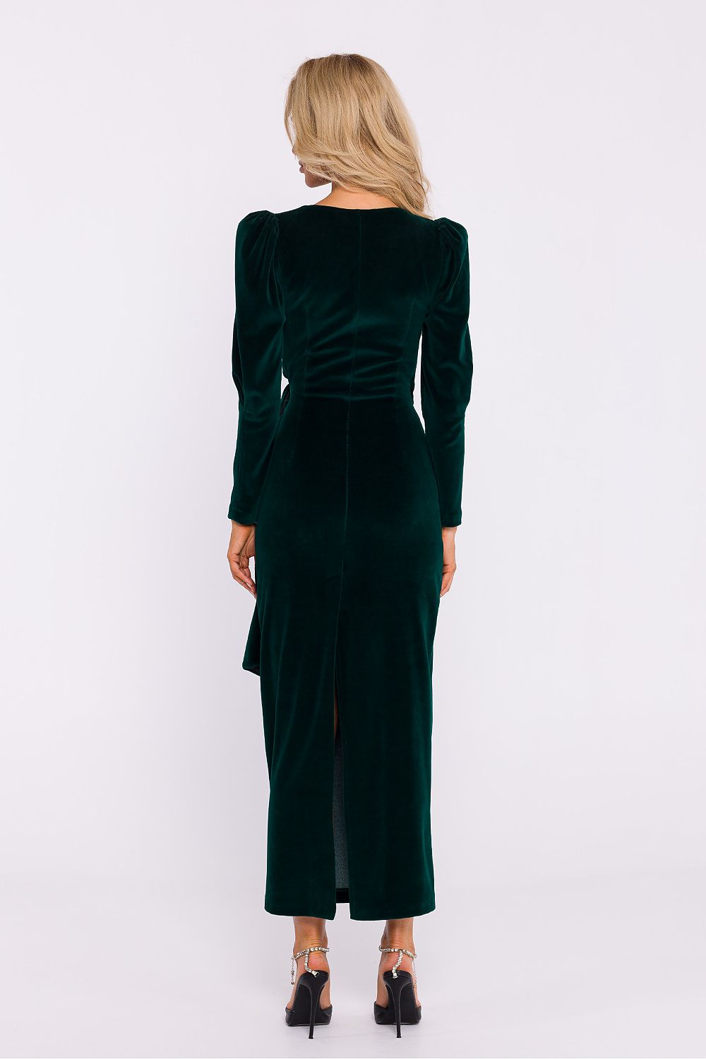 Dramatic back view of the Velour Knit Long Dress by Moe featuring a high slit for ease of movement and sophistication, tailored for upscale events.