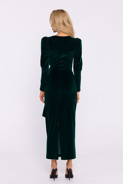 Dramatic back view of the Velour Knit Long Dress by Moe featuring a high slit for ease of movement and sophistication, tailored for upscale events.