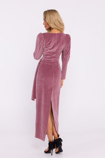 Elegant Velour Knit Long Dress by Moe featuring a stunning Envelope Top and High Slit, perfect for formal occasions.