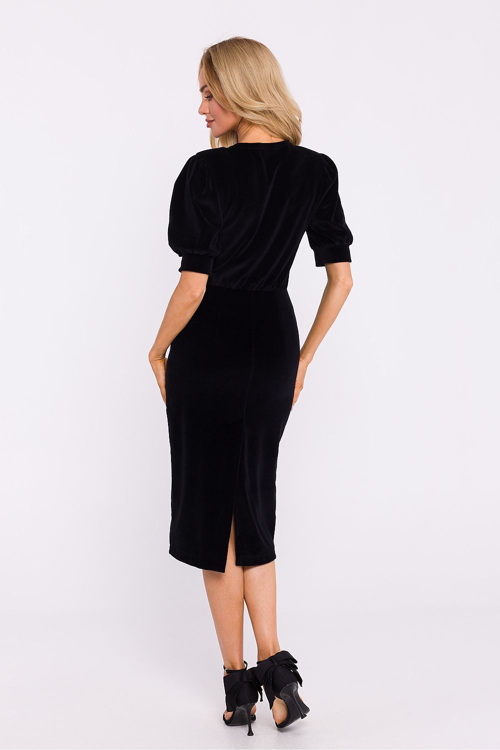 Elegant velour knit day dress with pencil bottom and cuffed sleeves, designed by Moe, showcasing a sophisticated style and comfortable fit.