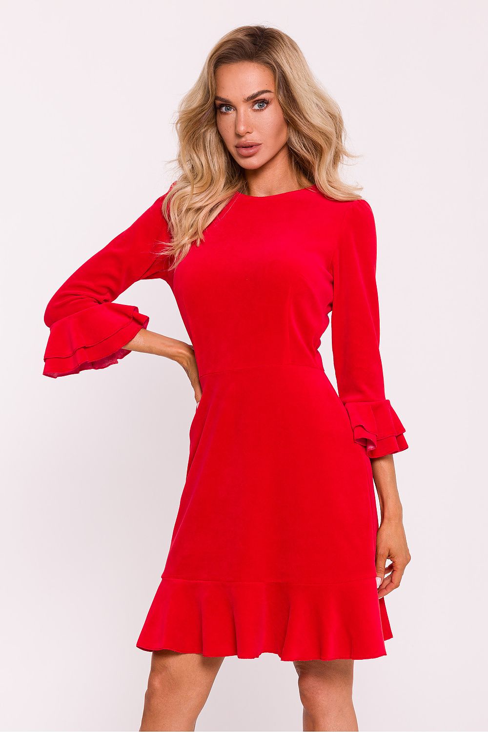 Elegant Velour Knit Daydress with Ruffled Sleeves and Classic Neckline crafted by Moe, showcasing refined comfort and sophistication.