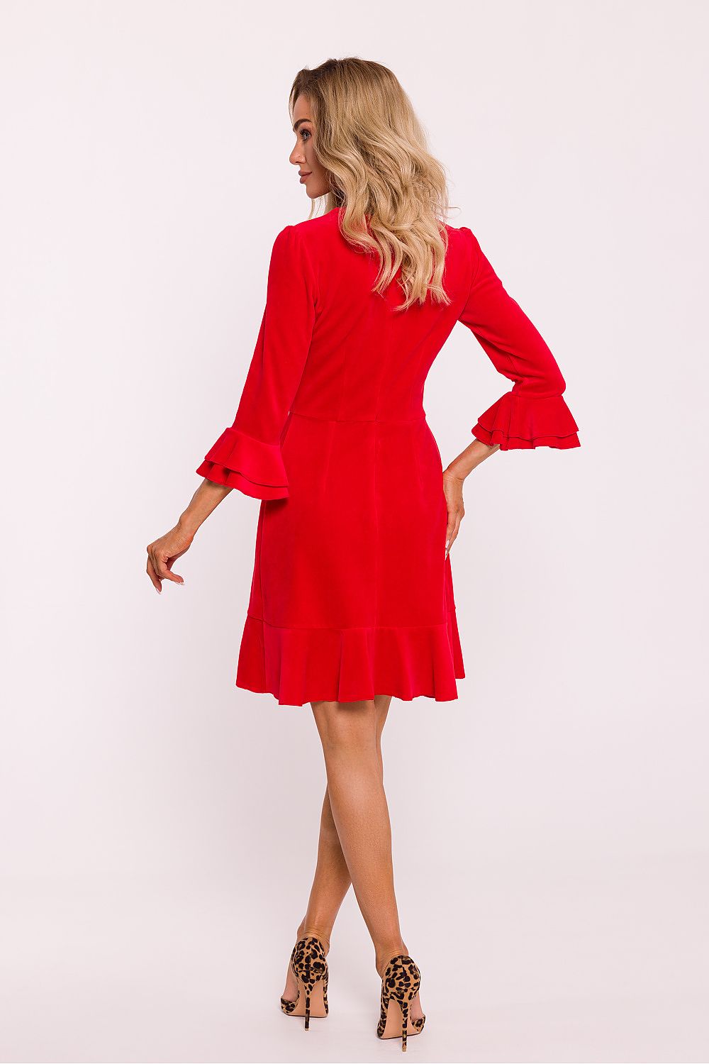 Full length of the Moe Elegant Velour Knit Daydress with Ruffled Sleeves, perfect for elegant occasions and designed for everyday comfort.