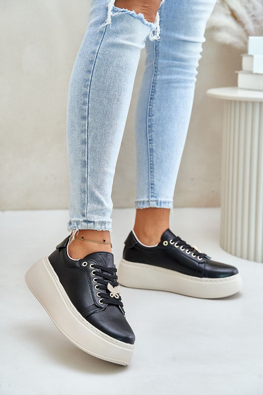 Vinceza Women’s Natural Leather Platform Sneakers adorned with a delicate butterfly detail, showcasing luxury footwear style and comfort, available in EU sizes 36-40.