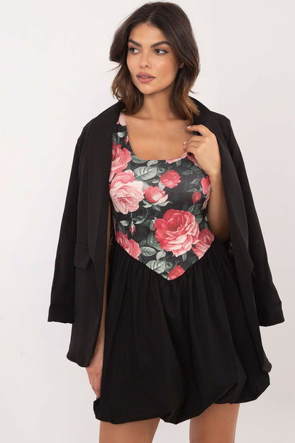 Elegant floral print mini dress in classic black by Italy Moda, showcasing delicate floral details and a round neckline for a luxury style.