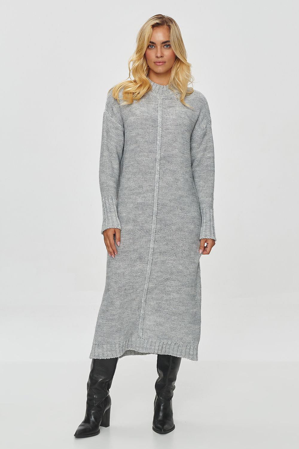 Elegant Makadamia Women's Long Sweater Dress in classic knit style, featuring a warm rounded crew neck and long sleeves, perfect for winter fashion.