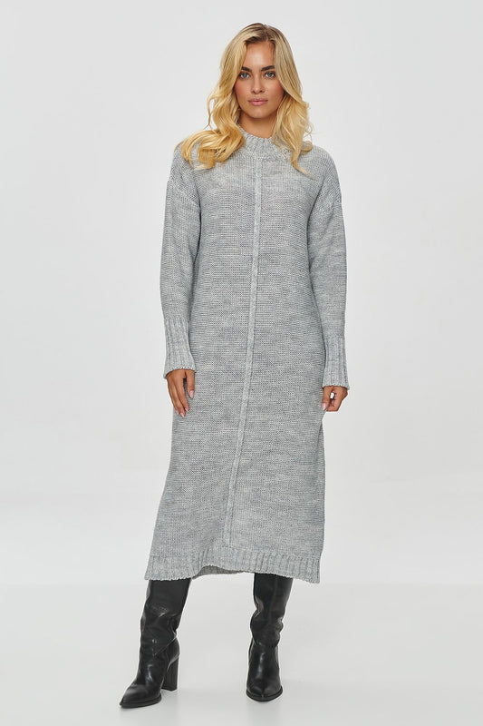 Elegant Makadamia Women's Long Sweater Dress in classic knit style, featuring a warm rounded crew neck and long sleeves, perfect for winter fashion.