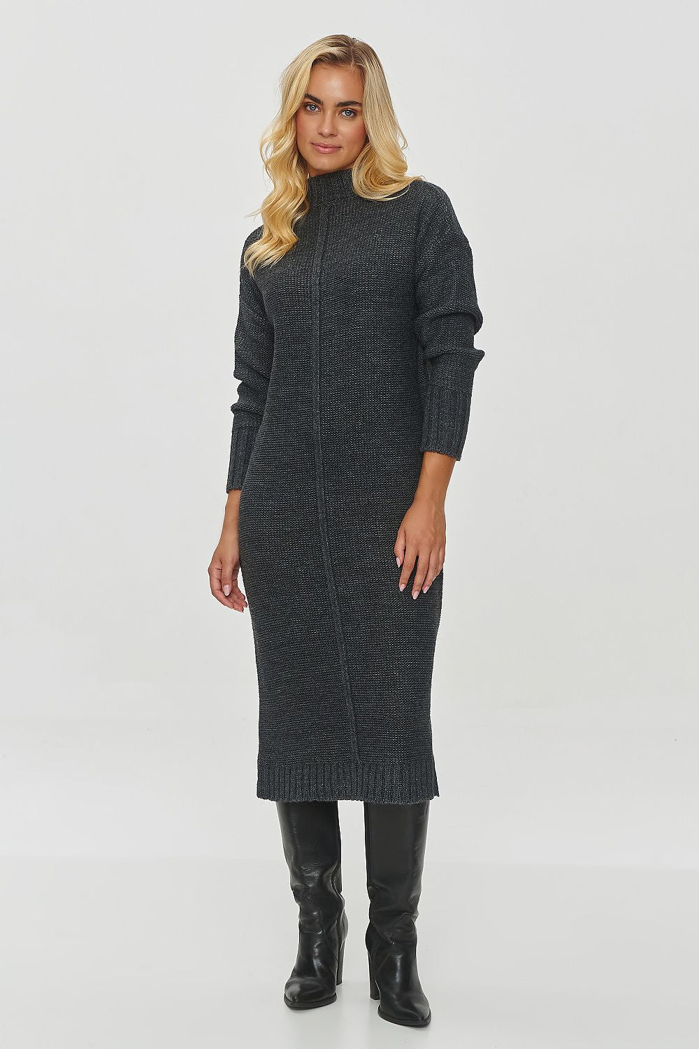 Elegant Makadamia Women's Long Sweater Dress in classic knit, featuring a crew neck and long sleeves, perfect for winter elegance.