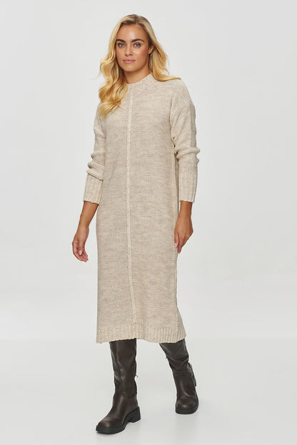 Makadamia Women's Long Sweater Dress in warm tones, beautifully arranged, emphasizing its classic design and versatility for casual and formal occasions.