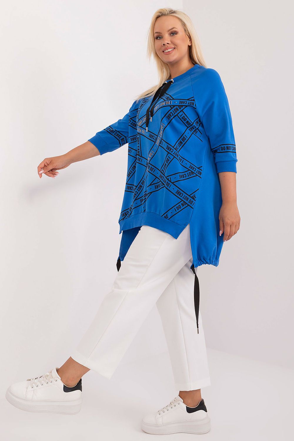 Luxury asymmetrical plus size blouse by Relevance, crafted from cotton-spandex with rhinestone detail, featuring a 3/4 sleeve and elegant round neck.