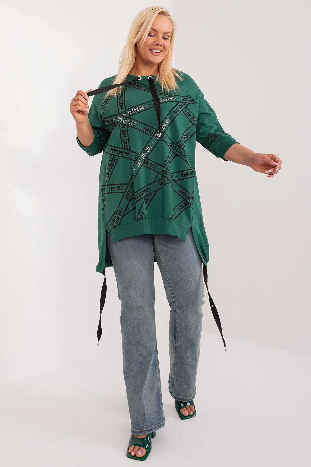 Chic cotton-spandex plus size blouse with rhinestone embellishment by Relevance, showcasing a sophisticated asymmetrical design and comfortable 3/4 sleeves.