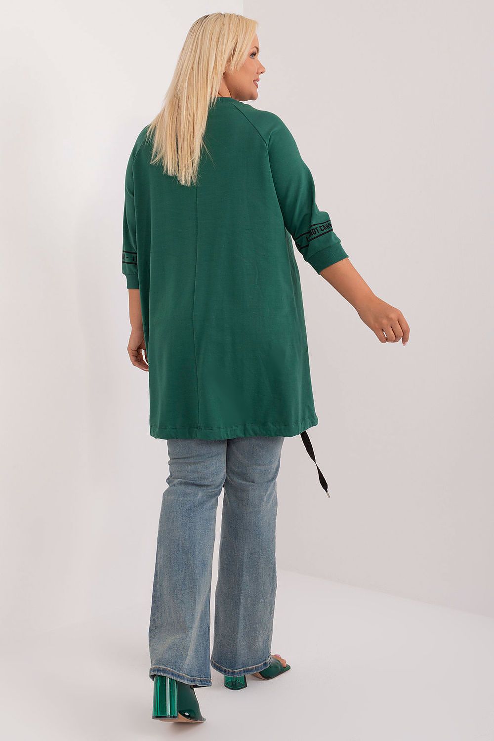 Fashionable plus size cotton-spandex blouse with rhinestone accents by Relevance, designed with an asymmetrical cut and 3/4 sleeves for ultimate comfort.