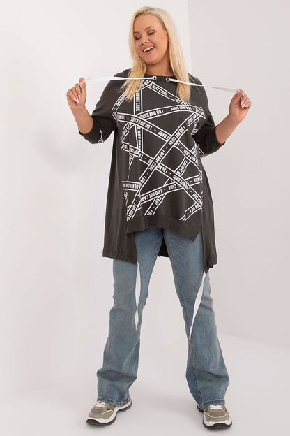 Stylish asymmetrical plus size blouse by Relevance, featuring a luxurious cotton-spandex blend, adorned with rhinestone detailing, perfect for chic everyday wear.
