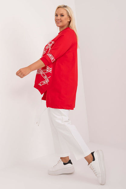 Luxurious 3/4 sleeve plus size blouse from Relevance, showcasing a round neckline and a sophisticated asymmetrical hem, ideal for both casual outings and office attire.