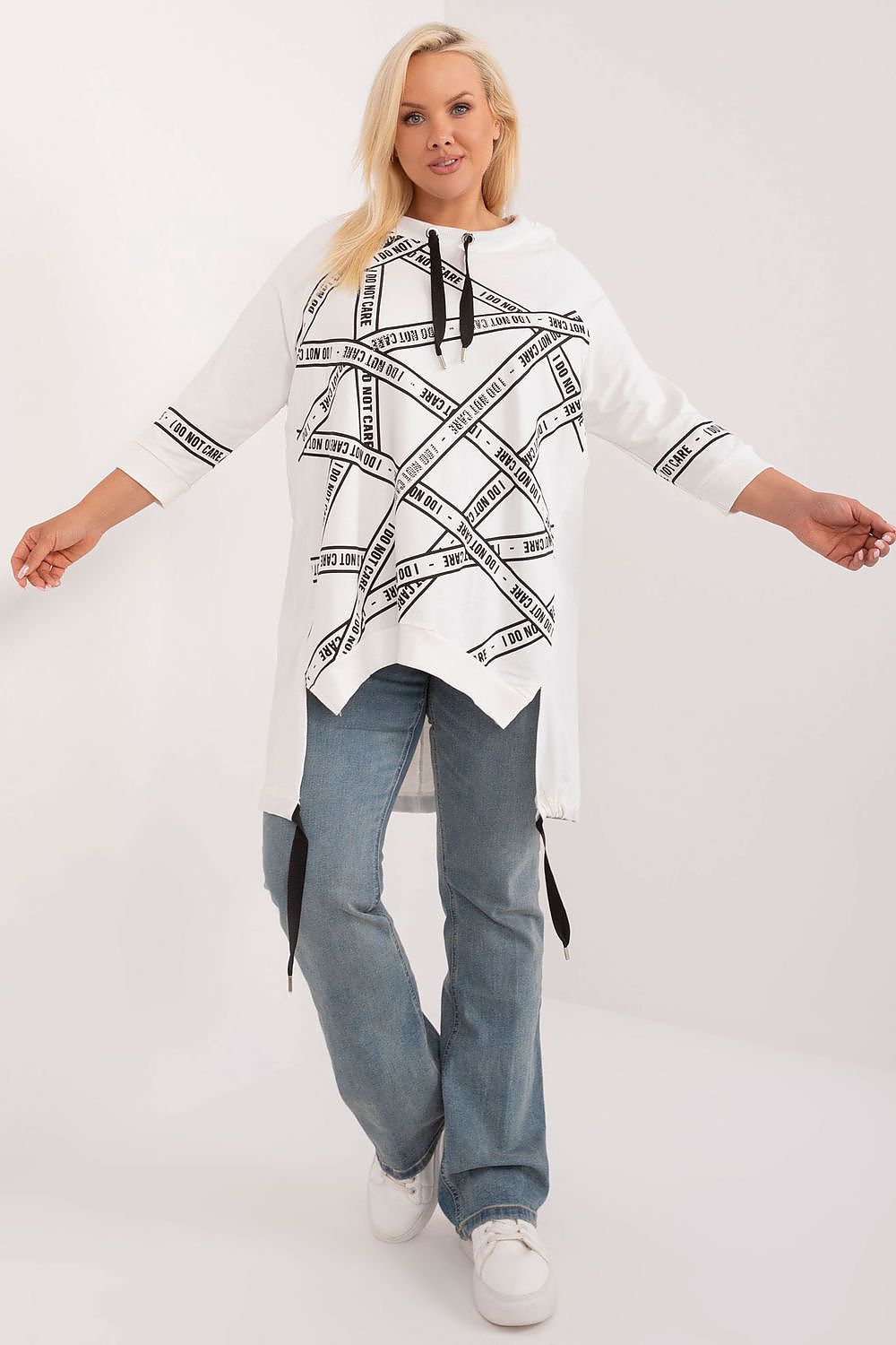 Chic cotton-spandex plus size blouse designed by Relevance, showcasing an asymmetrical cut with sparkling rhinestones, perfect for sophisticated everyday wear.