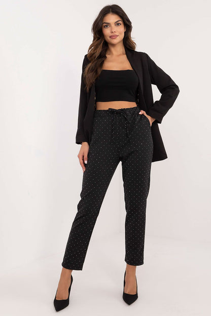 Stylish black tracksuit trousers by Italy Moda, featuring high rise fit and subtle rhinestone embellishments, ideal for both casual and formal occasions.