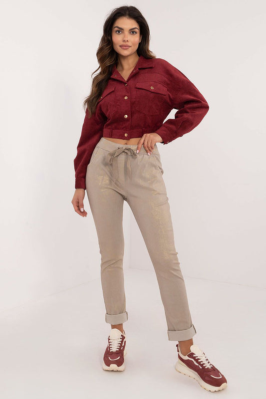 Elegant glossy fabric trousers for women by Italy Moda, featuring mid-rise and tapered legs, perfect for versatile styling.