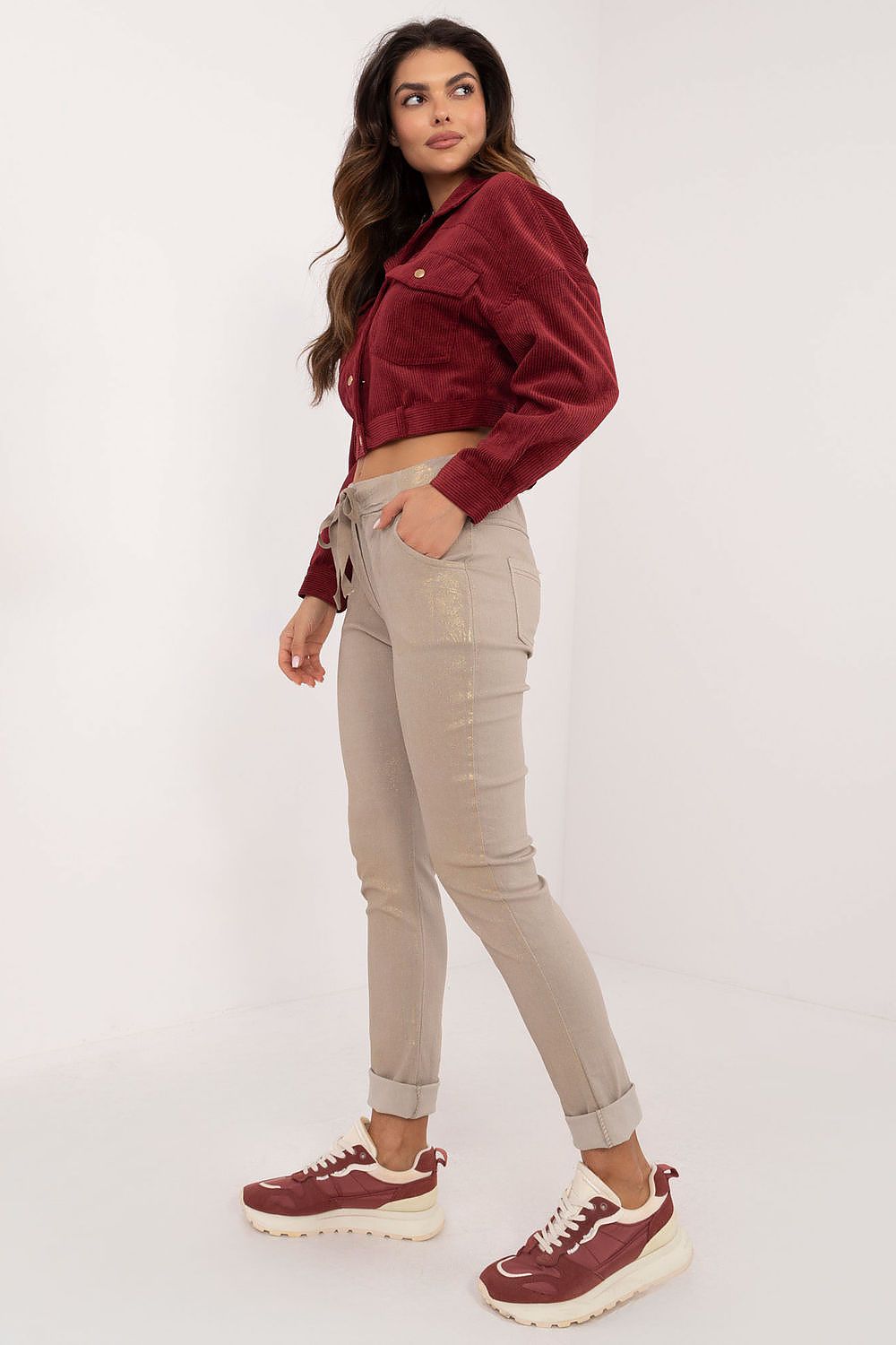 Luxurious women's trousers from Italy Moda, crafted from soft viscose blend, showcasing sleek and modern tapered design.