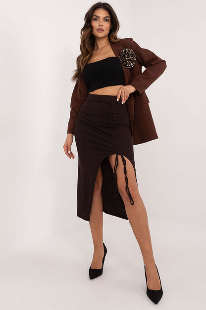 Elegant ribbed midi pencil skirt by Italy Moda, featuring a sophisticated adjustable slit and a comfortable polyester blend, perfect for casual outings.