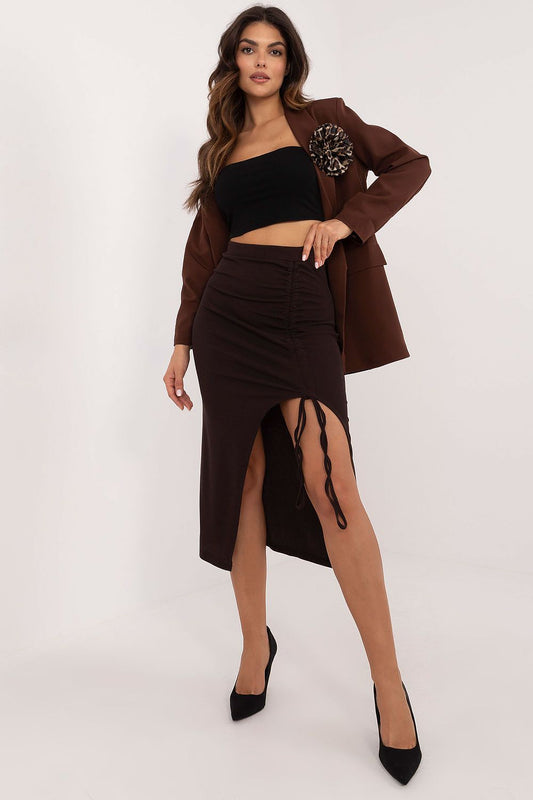 Elegant ribbed midi pencil skirt by Italy Moda, featuring a sophisticated adjustable slit and a comfortable polyester blend, perfect for casual outings.
